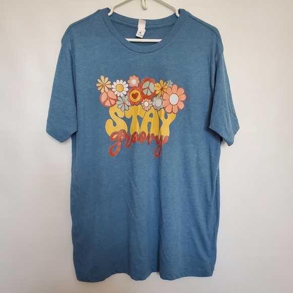 RUSTIC UNITED Tops - RUSTIC UNITED STAY GROOVY GRAPHIC TEE 70'S RETRO HIPPIE BLUE WOMENS ( XL )